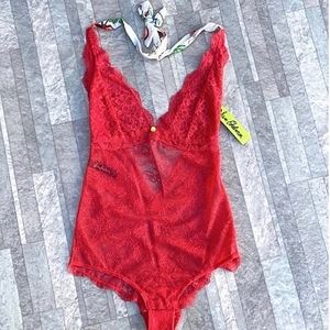 Sam Edelman Floral Geranium Lace Halter Bodysuit Lingerie NWT